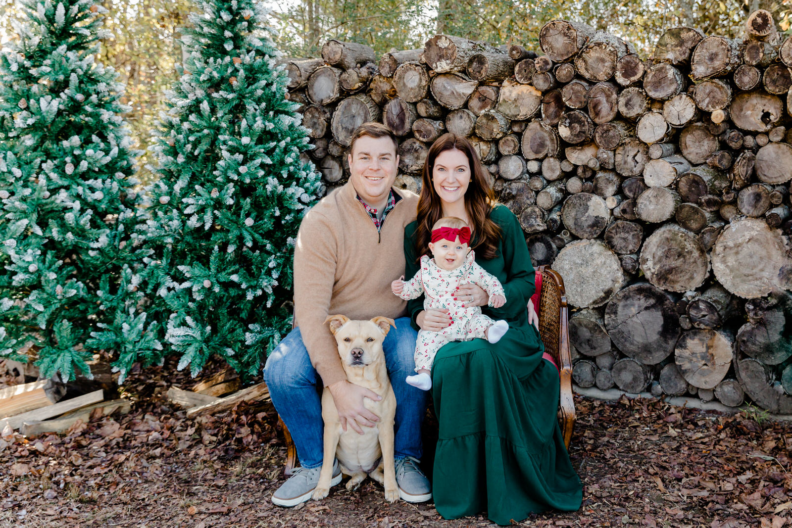 A family of 3 pose in front of a Christmas tree and log wall with their dog at a Christmas mini-session in Lawrenceville
